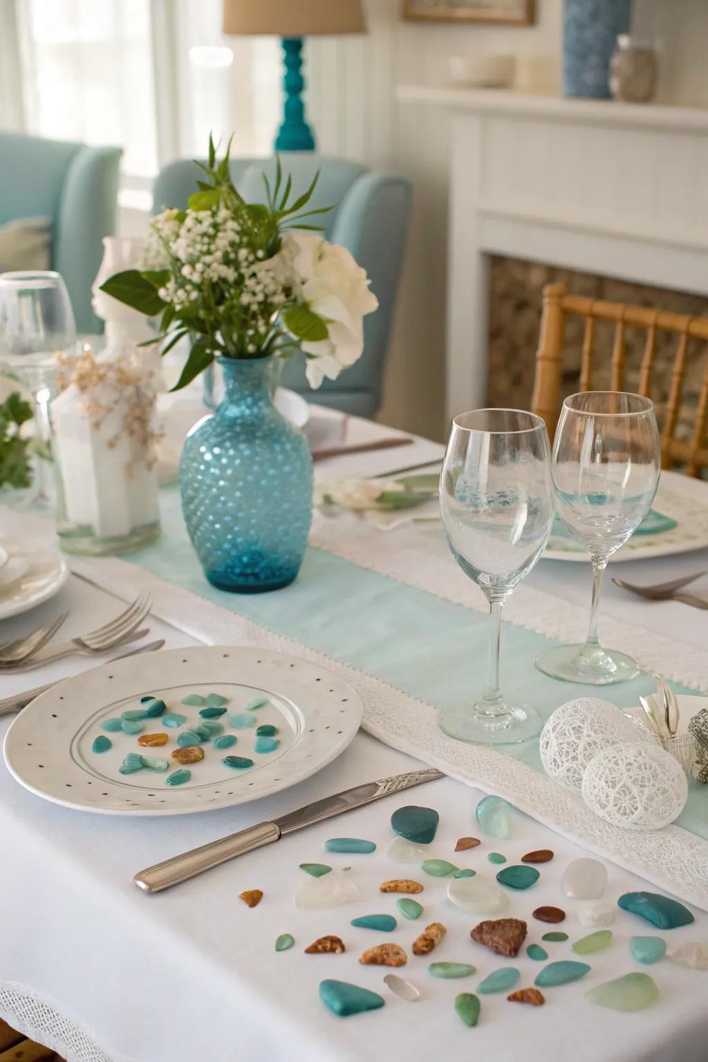 Sea glass table settings add elegance to any dining experience.