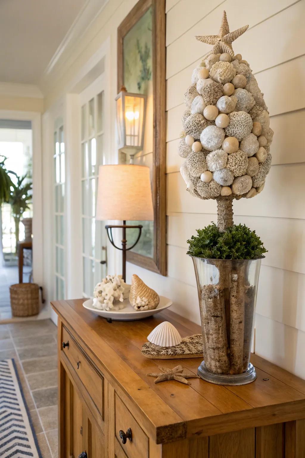 A seashell topiary conveys a hint of whimsy and elegance to any chamber.