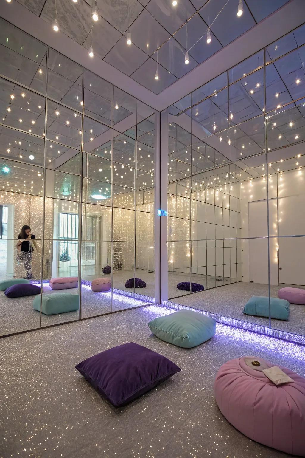 Mirrored panels that enhance light and reflection in the room.