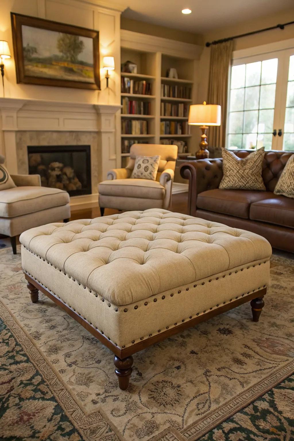 A cushioned stool adds comfort and versatility.