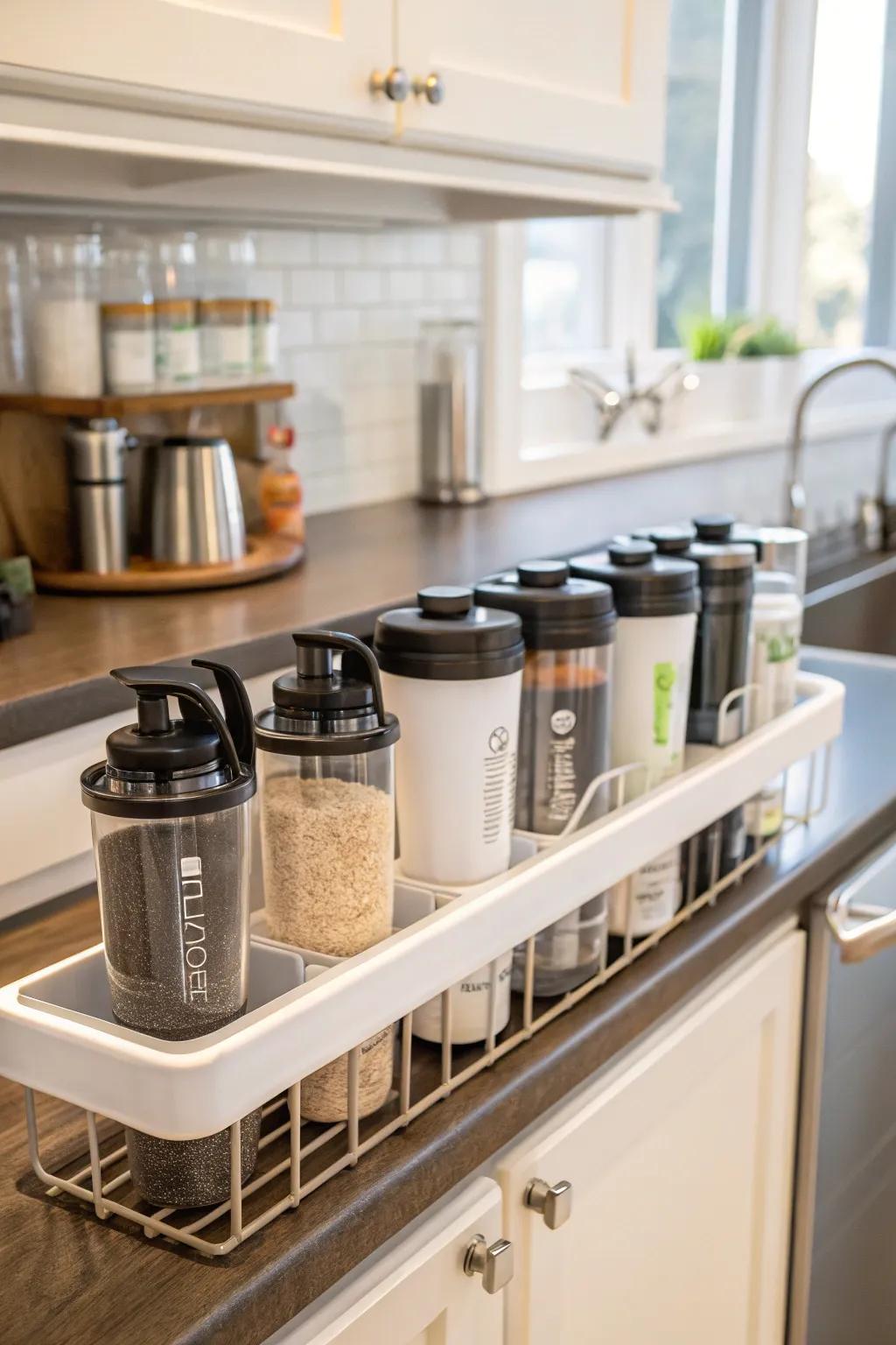 An over-the-sink shelf provides convenient storage for protein mixers.