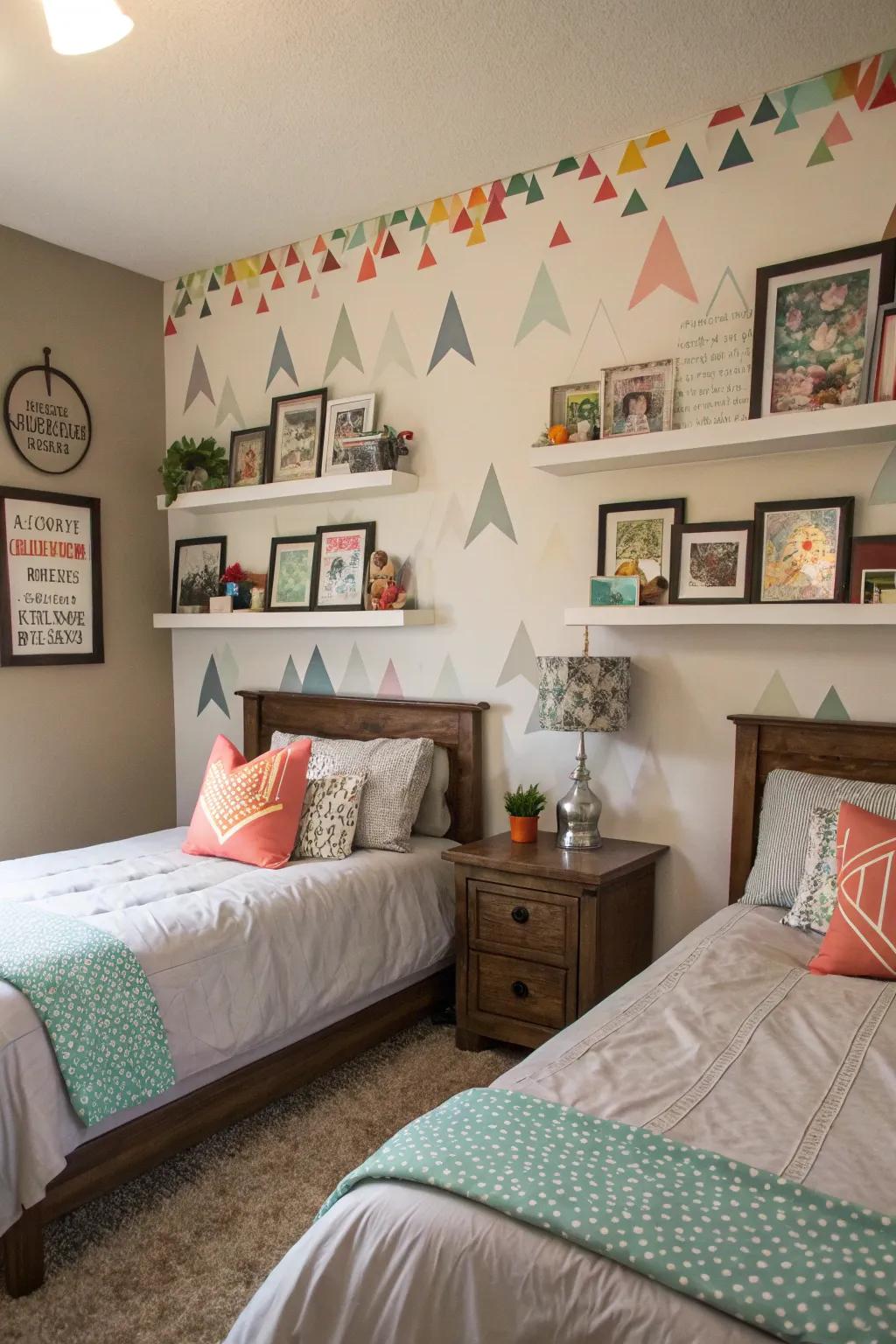 Personalized wall art adds a touch of individuality to this shared bedroom.