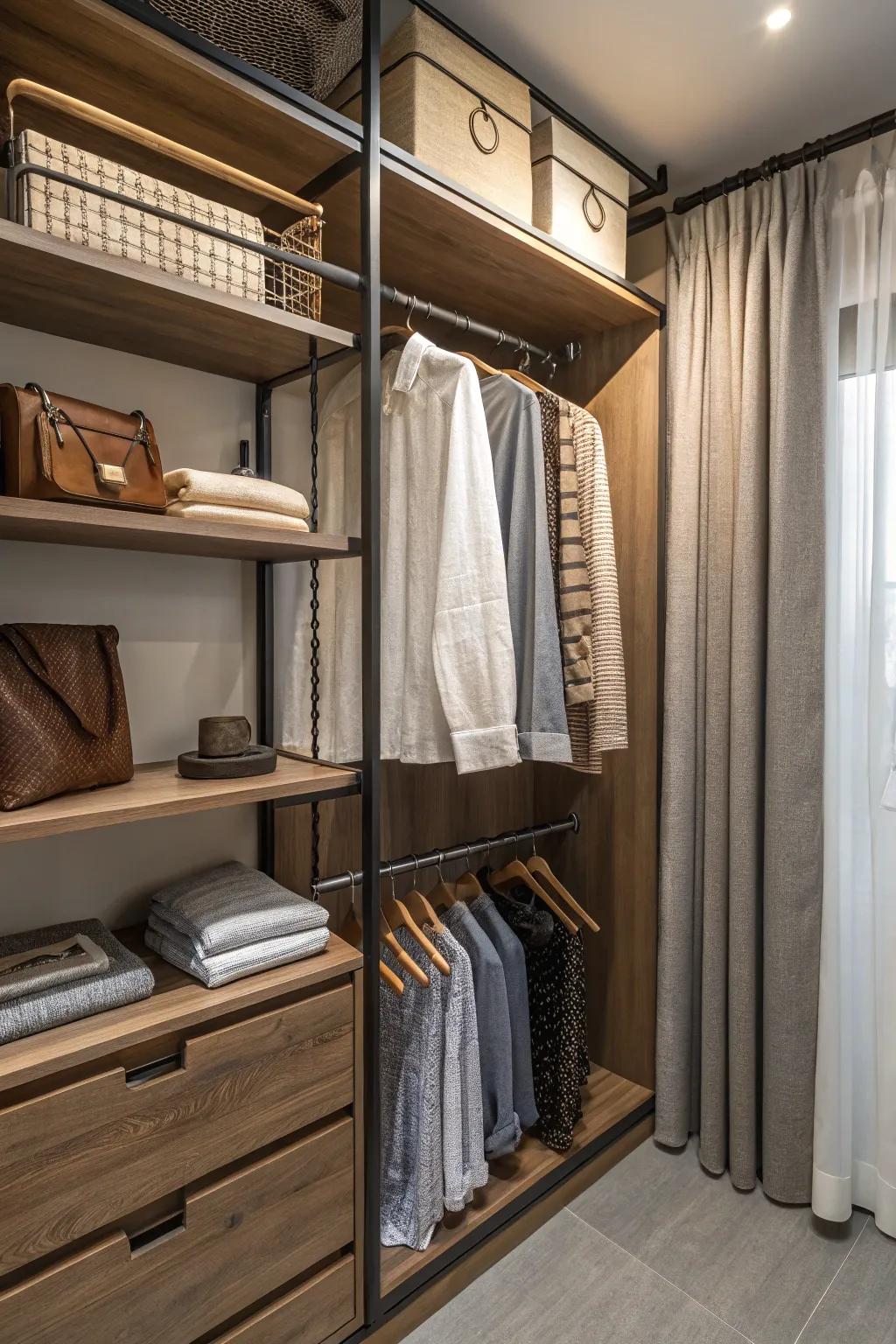 A closet displaying a variety of textures, thereby evoking an inviting, cozy ambiance.