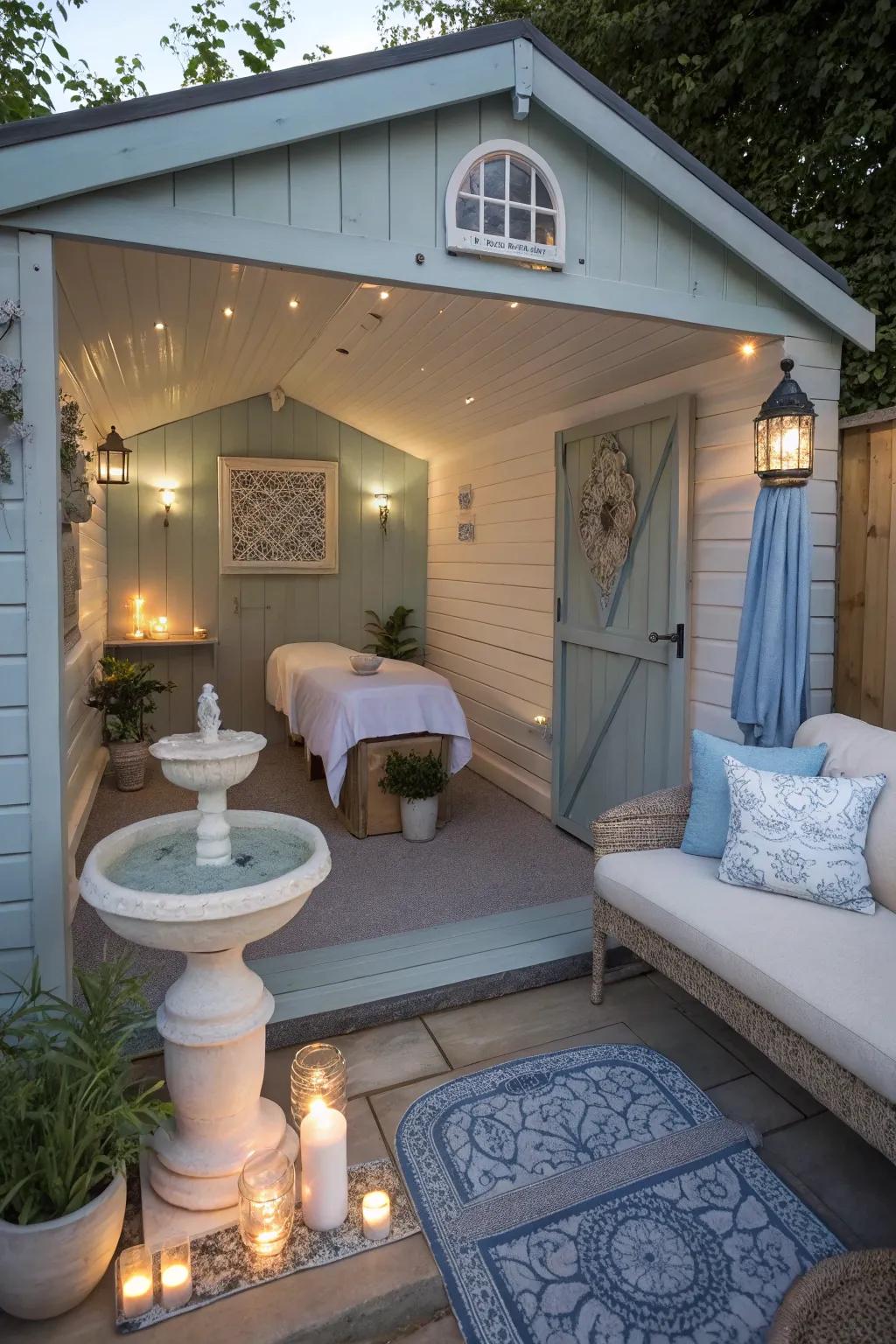 A shed home interior designed as a deluxe spa escape.