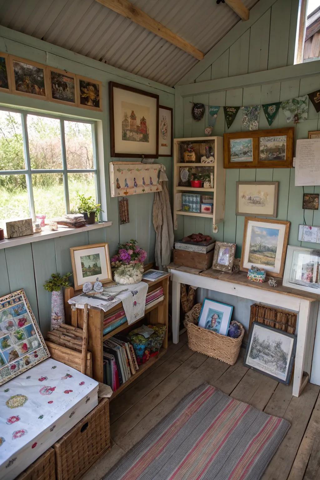 Personal touches turn a shed into a special, cozy space.