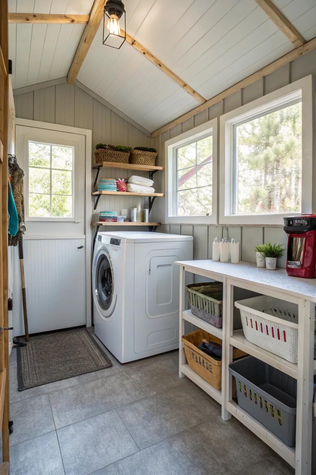 A shed transformed into a functional washing space.