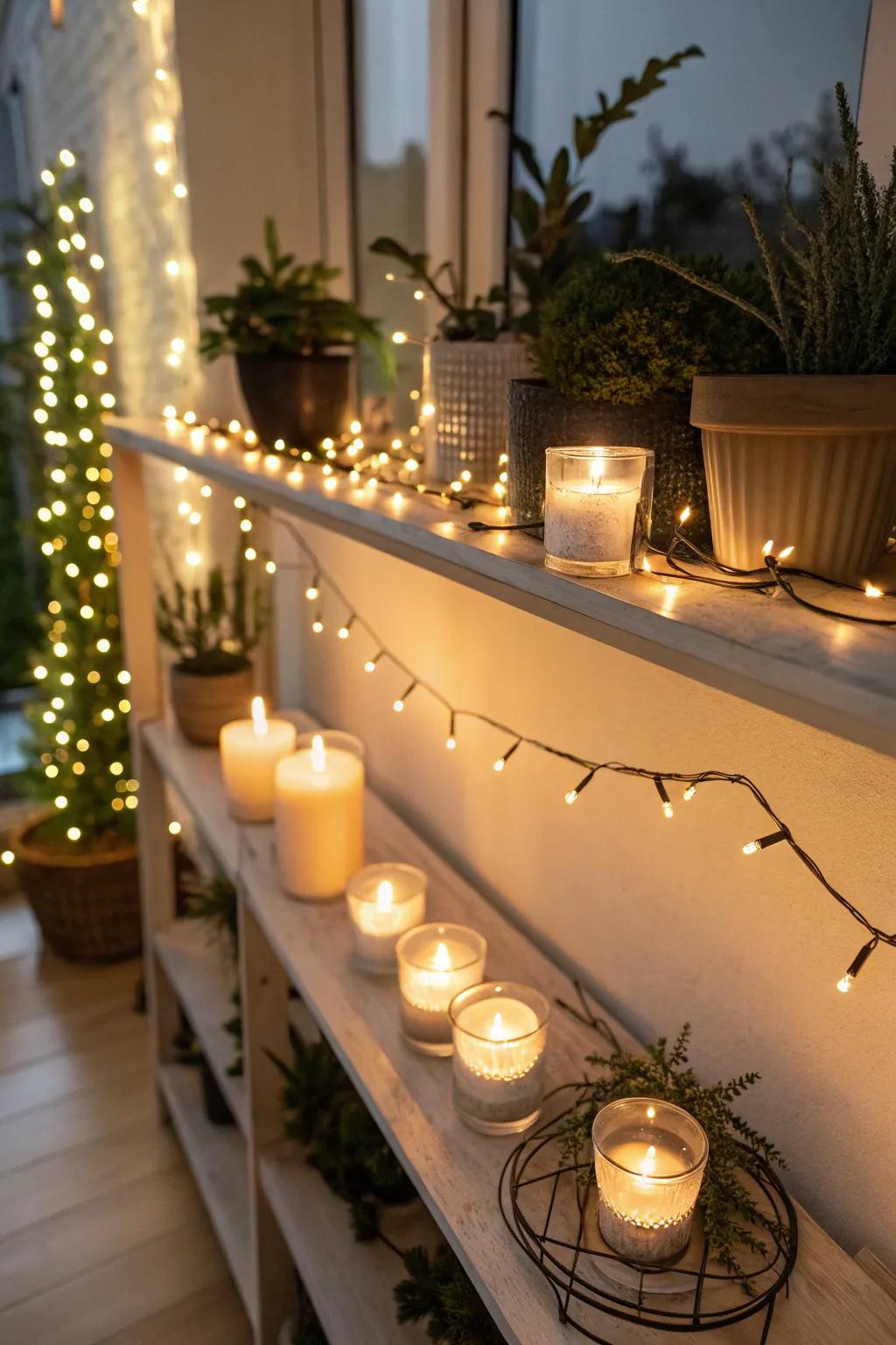 Radiant diode fixtures and tapers impart warmth and ambiance to the shelf.
