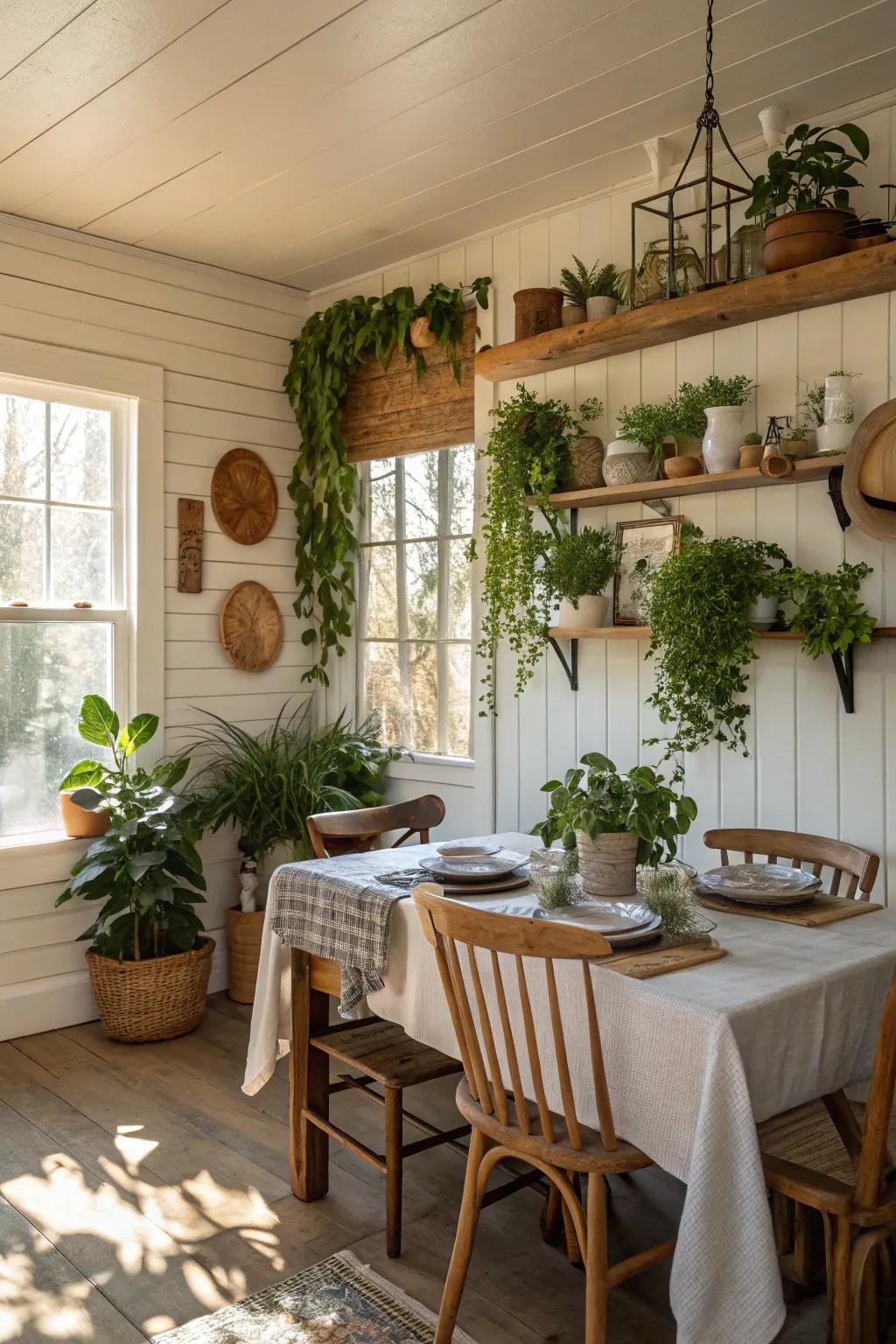 A dining room brimming with natural components and shiplap walls.