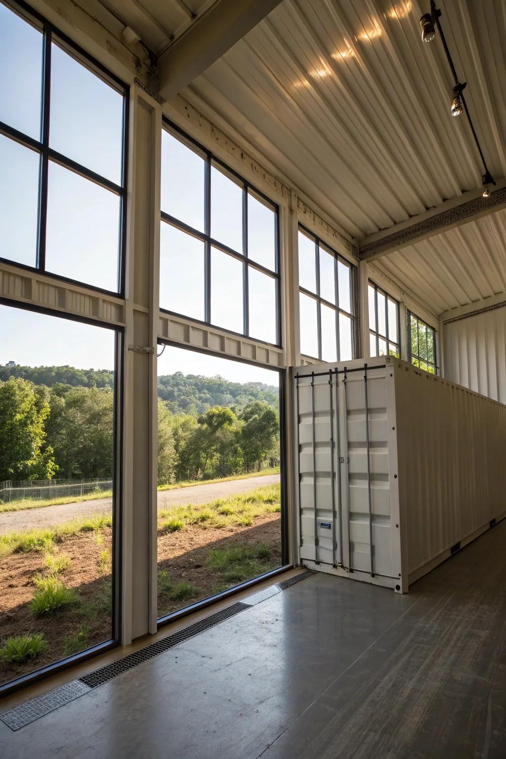 A bright and open metal box barn filled with light.