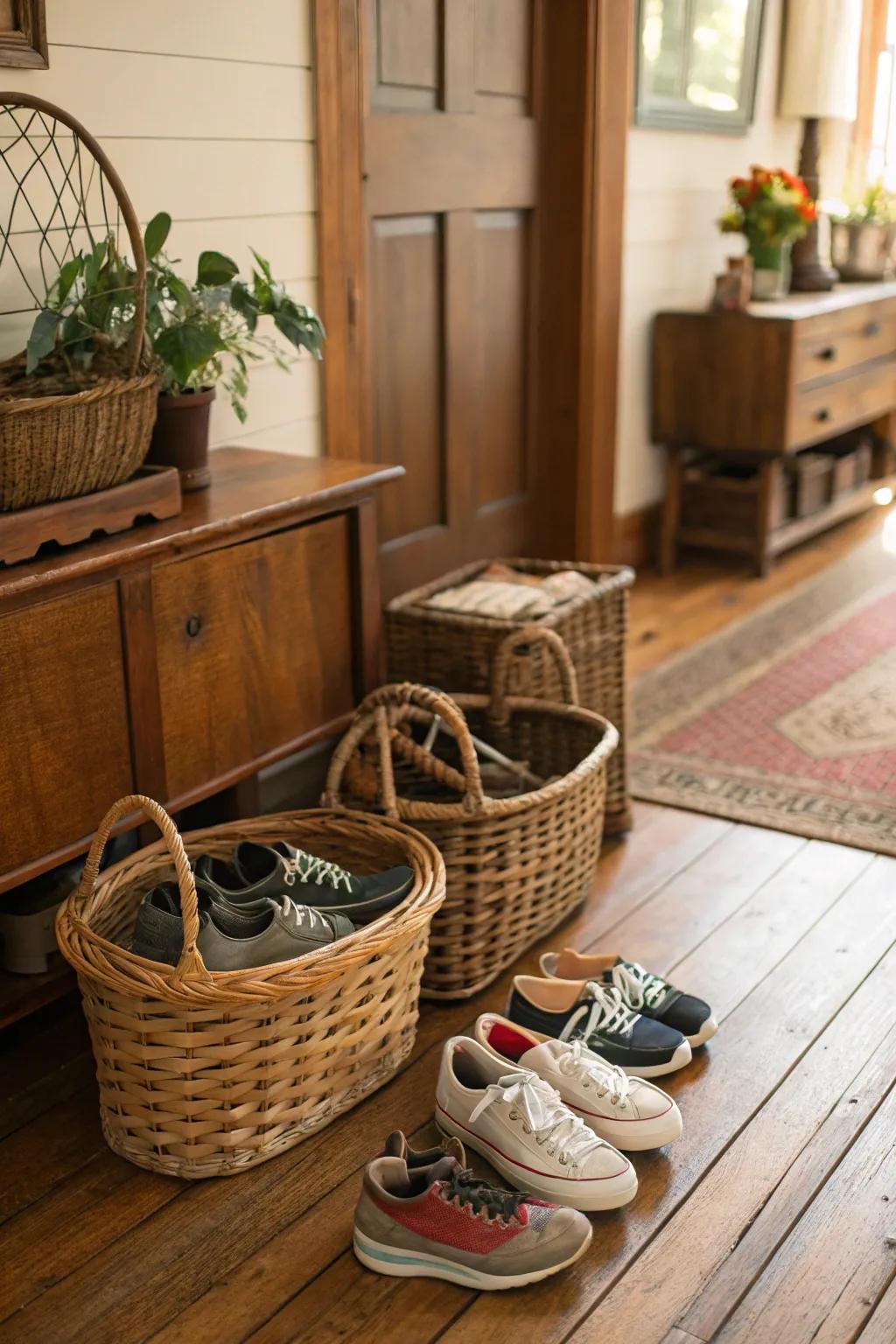Repurposed vintage baskets deliver a unique and charming way to store shoes.