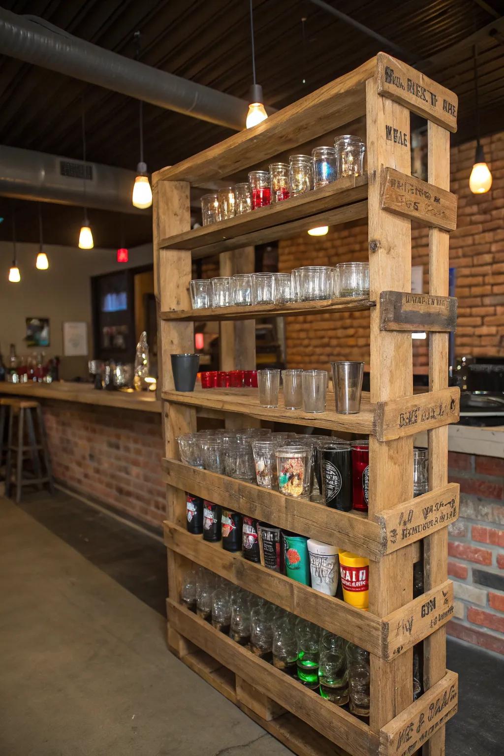 A garage bar exhibits a DIY pallet rack creatively employed as a glass display.