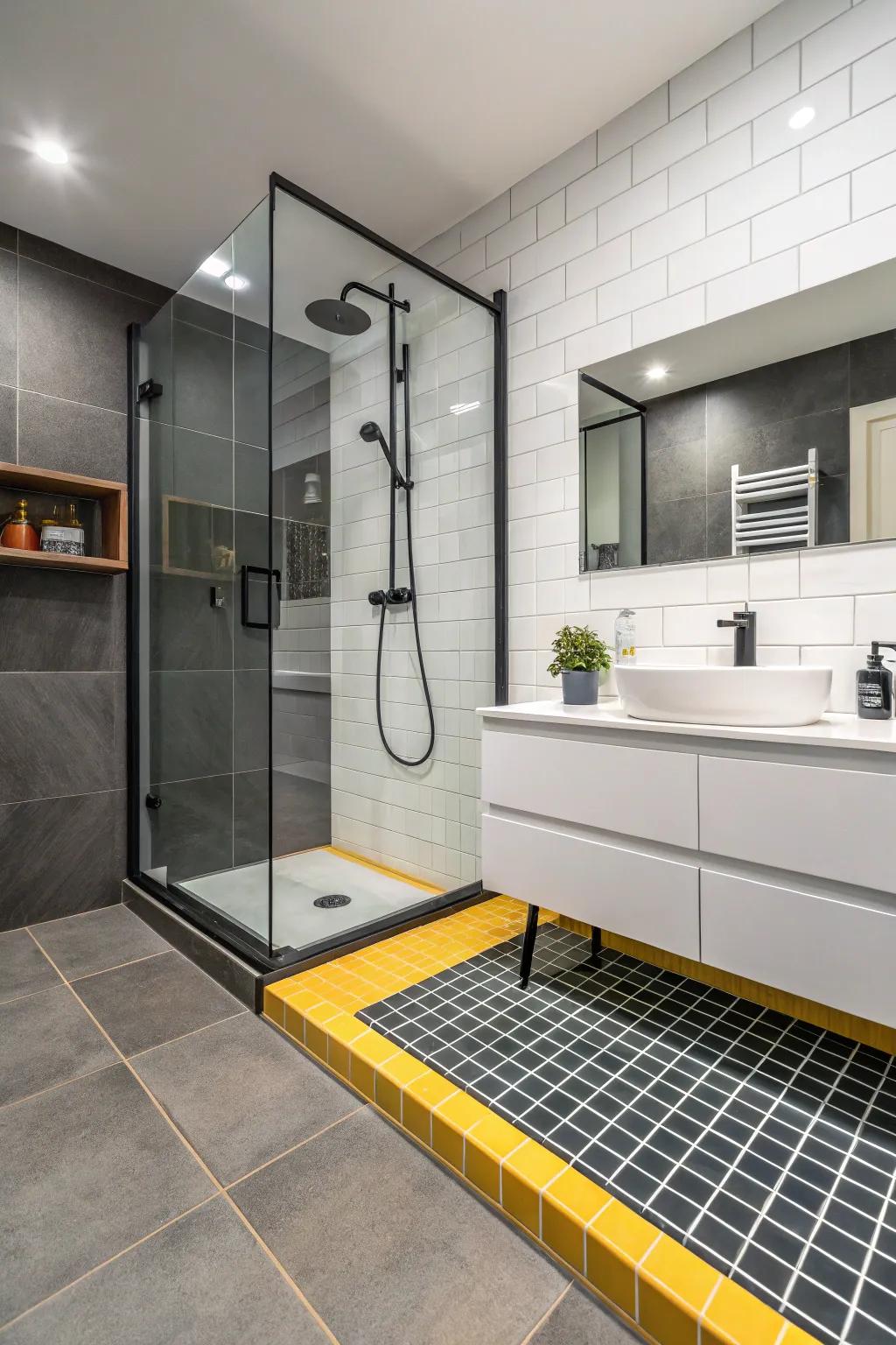 Contrasting grout colors highlight the design elements of the shower curb.