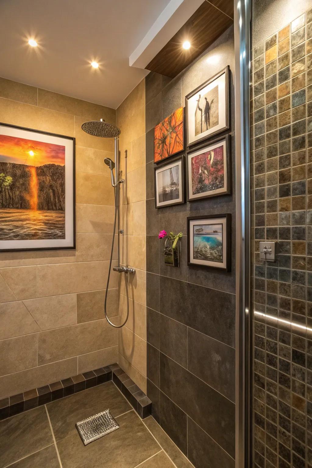 A shower filled with moisture-resistant art pieces.