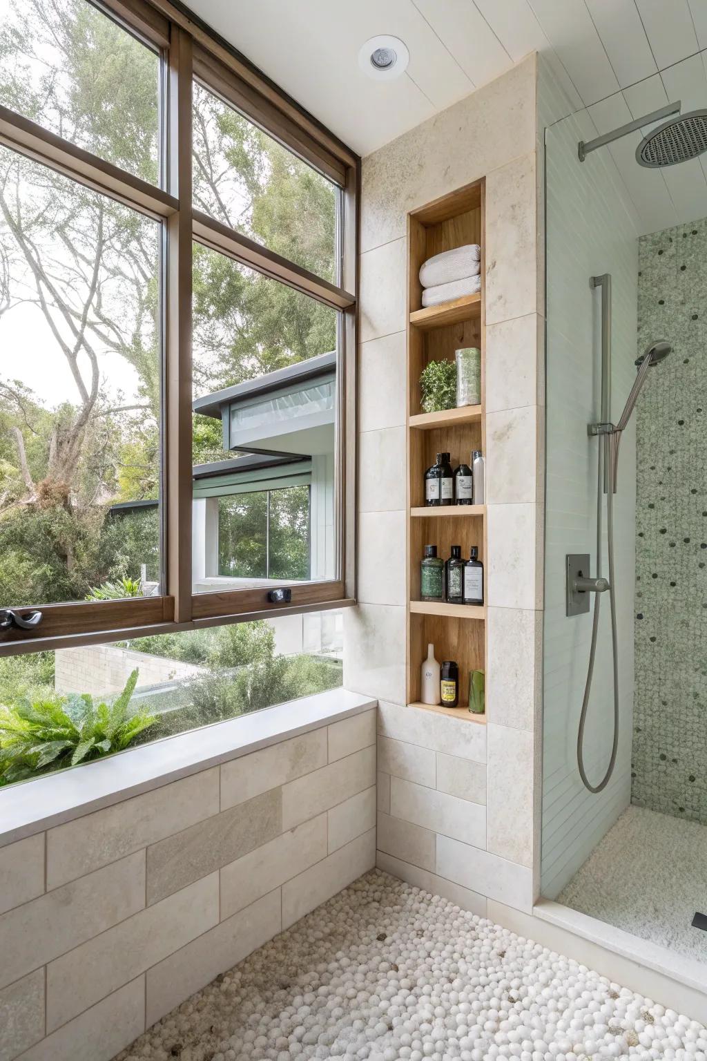 Eco-friendly materials create a stylish and responsible shower niche