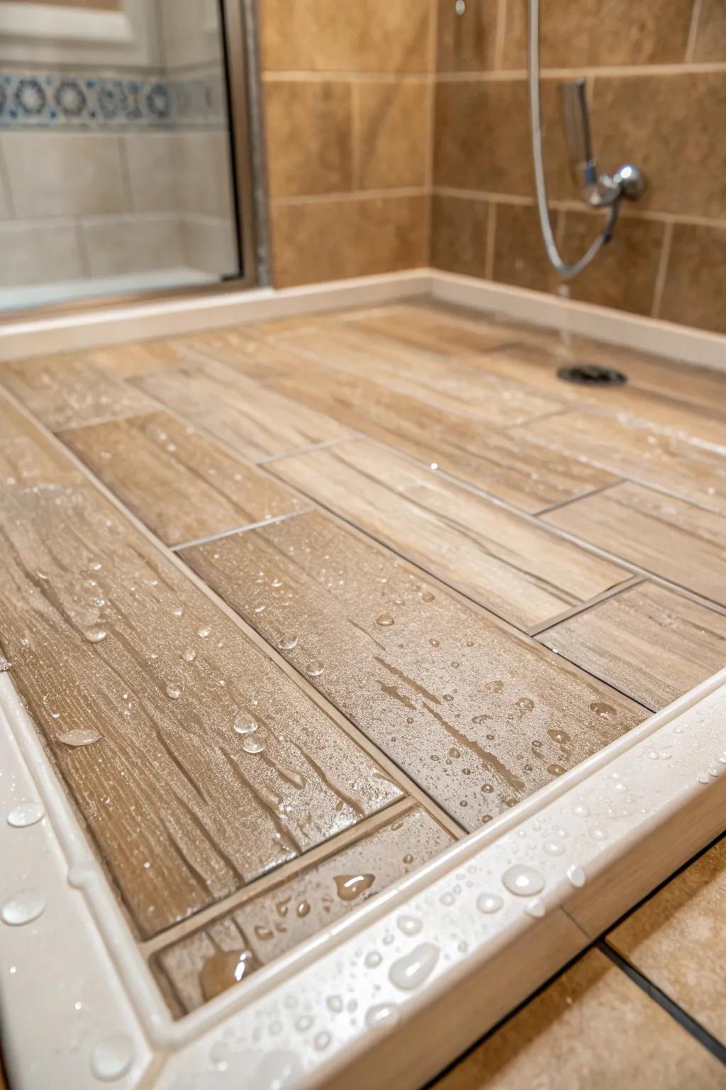 Timber-look tiles on this shower base deliver a warm and inviting natural appearance.