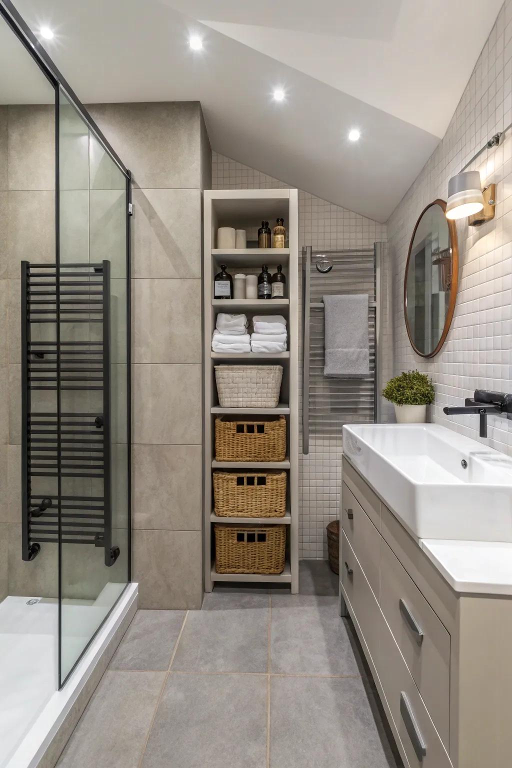 A clutter-free shower space with clever hidden storage solutions.
