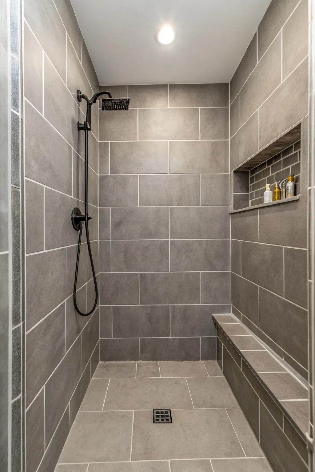 Unadorned grace through grey tiles within a shower.