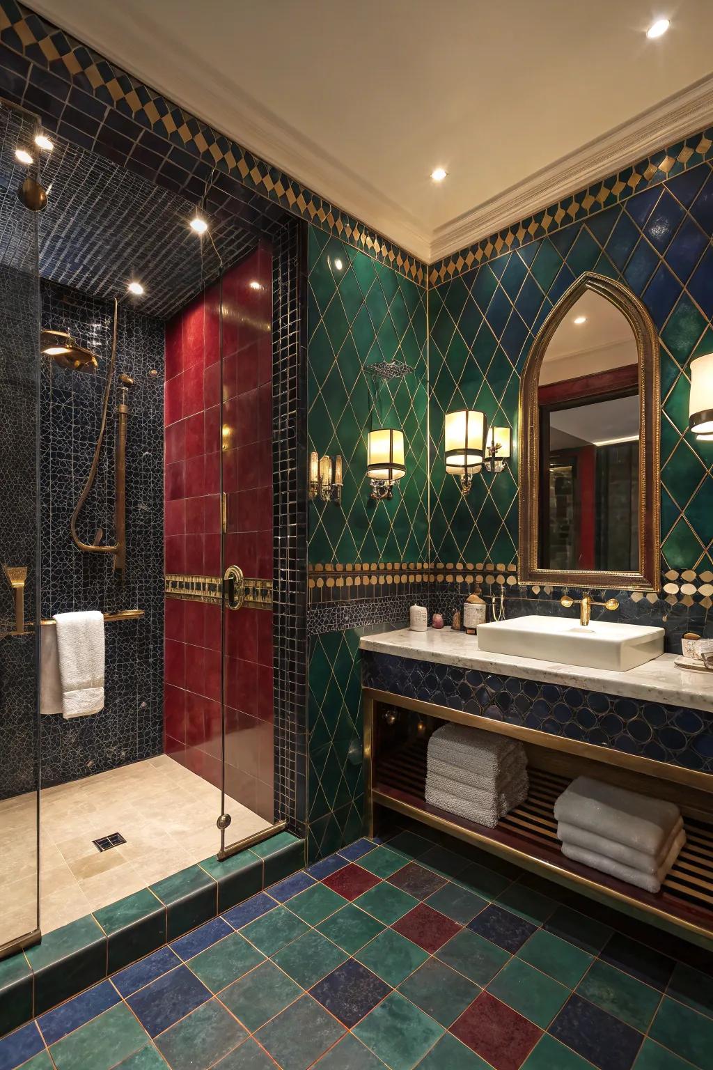 Precious stone-toned tiles contribute richness, luxury to your shower.