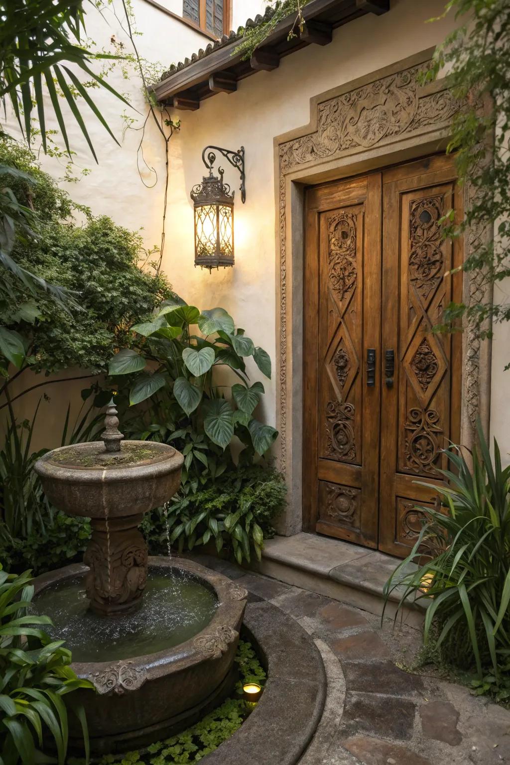 A hydration element adding tranquility to the side entrance.