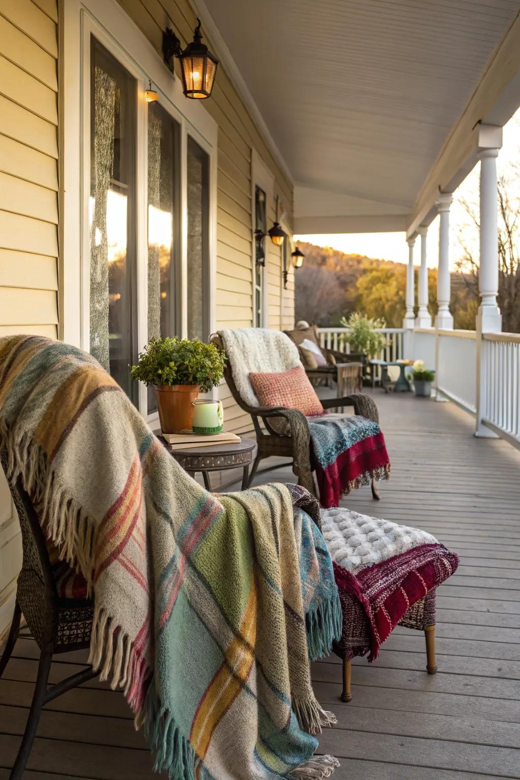 Warm blankets are ready for a cozy evening on the side porch.