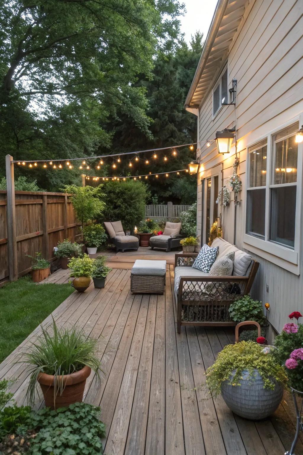 A wooden deck encourages relaxation and conversation within your side yard.