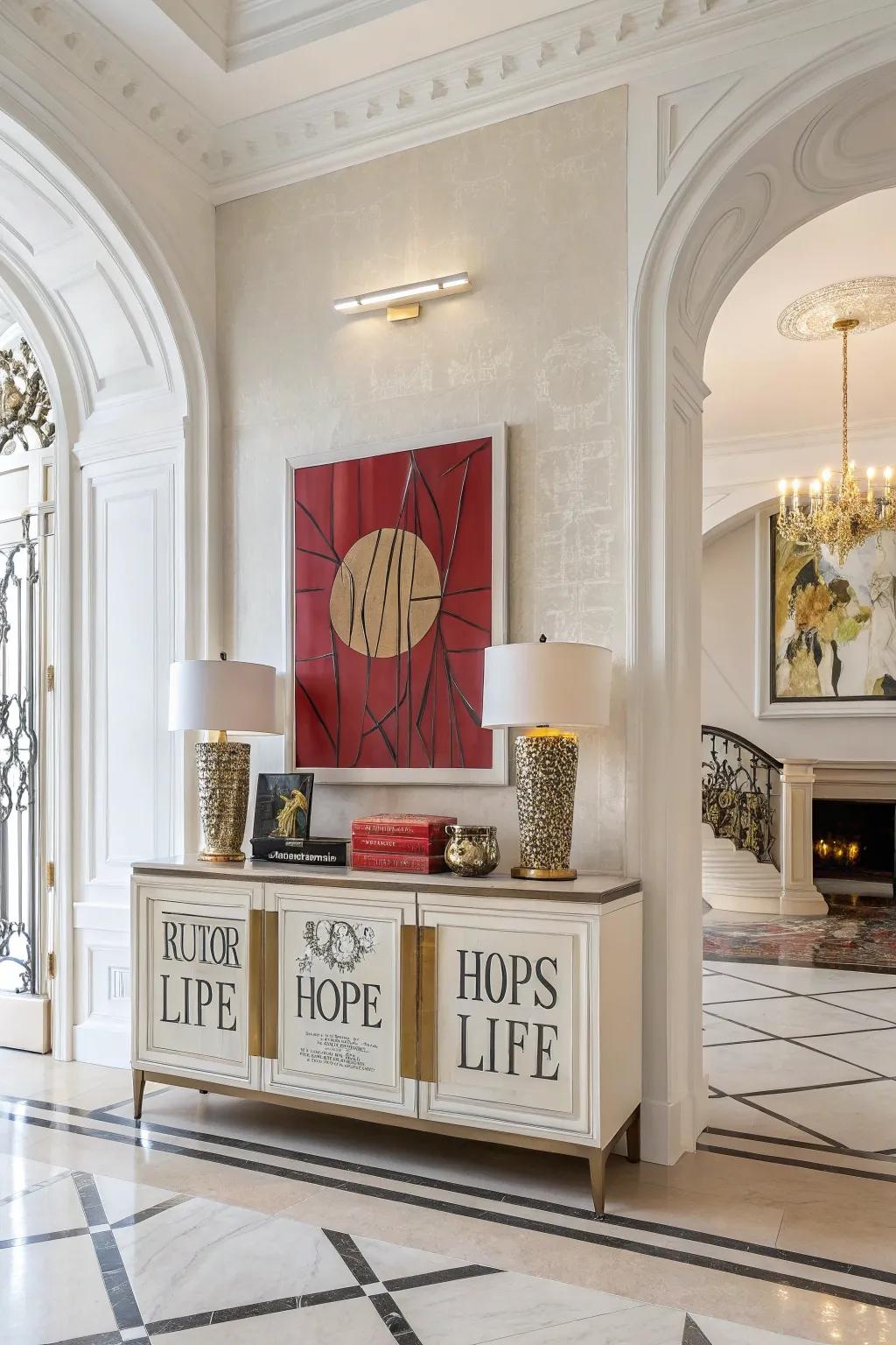 A bold statement piece on a credenza acts as a captivating focal point.