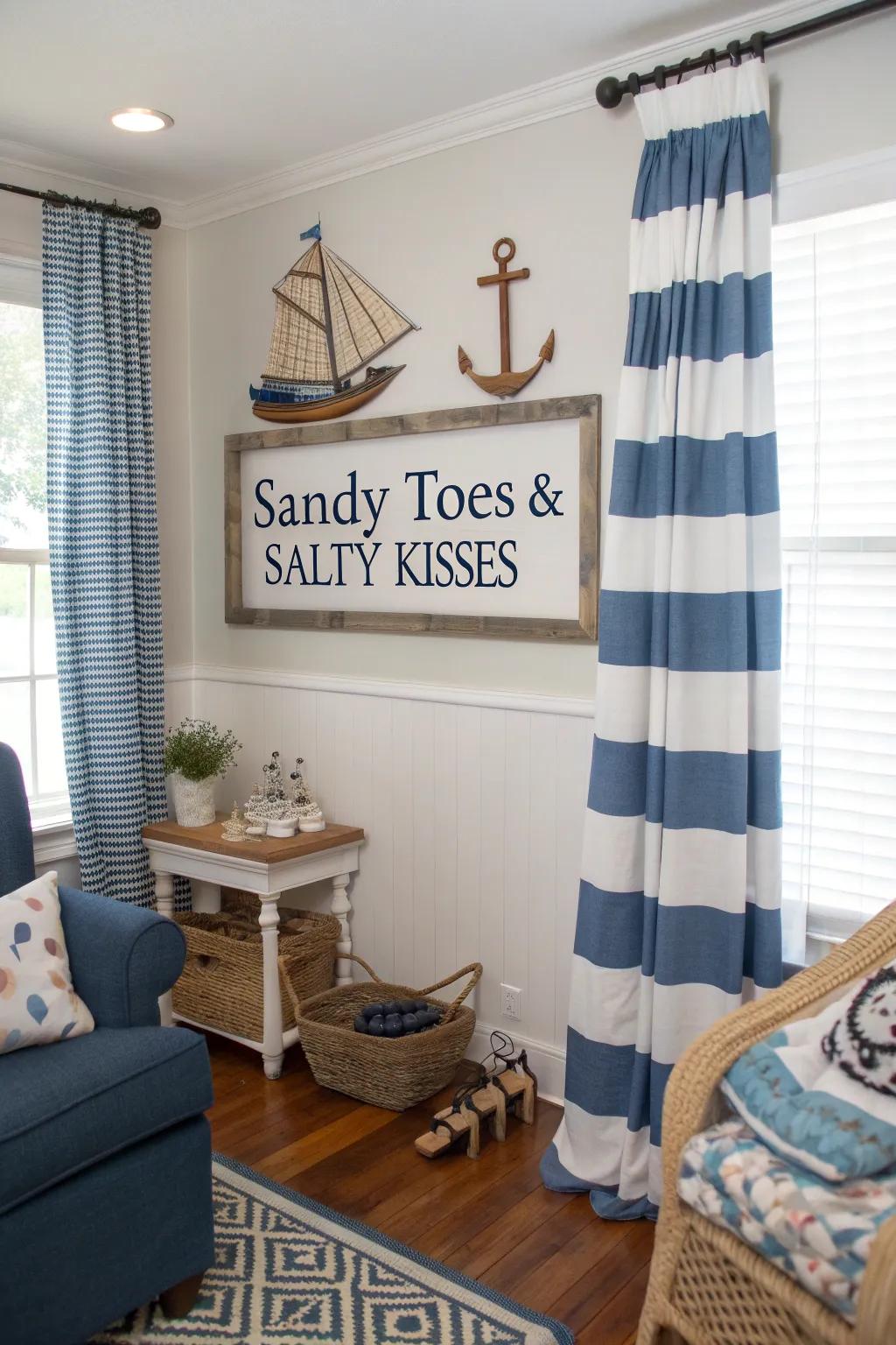 A family room exhibiting nautical ornaments and a coastal getaway display stating 'Sandy Toes & Salty Kisses'.