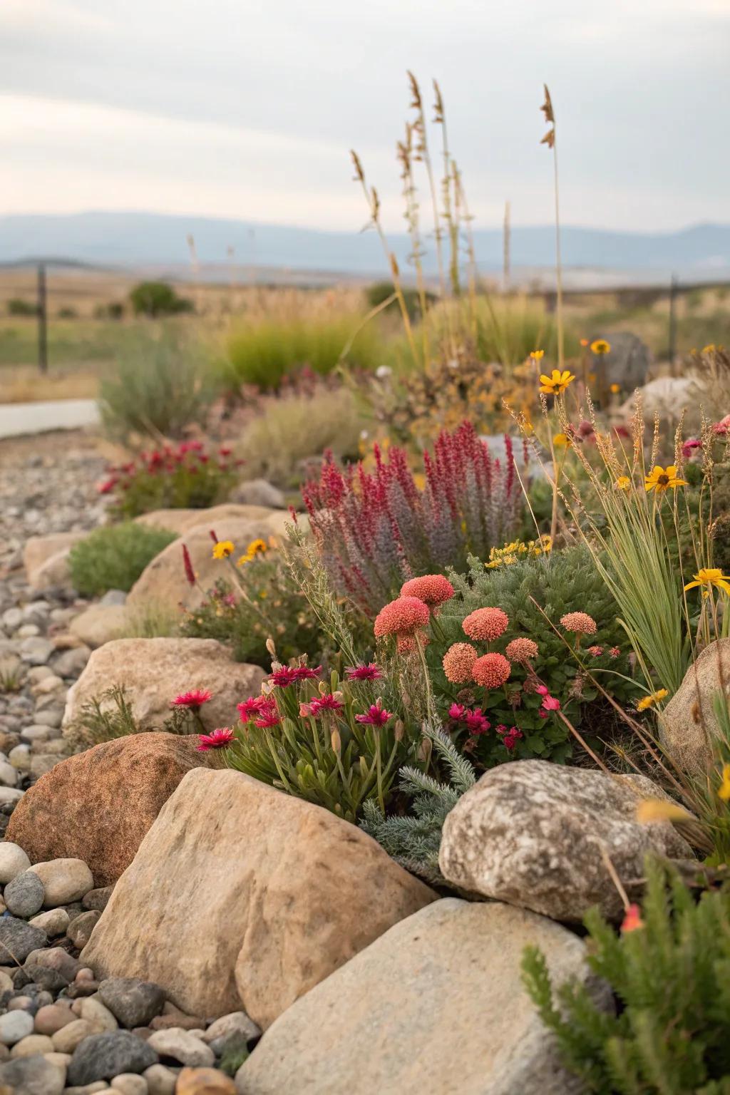 A xeriscape flower bed provides a sustainable and low-maintenance option for dry climates.