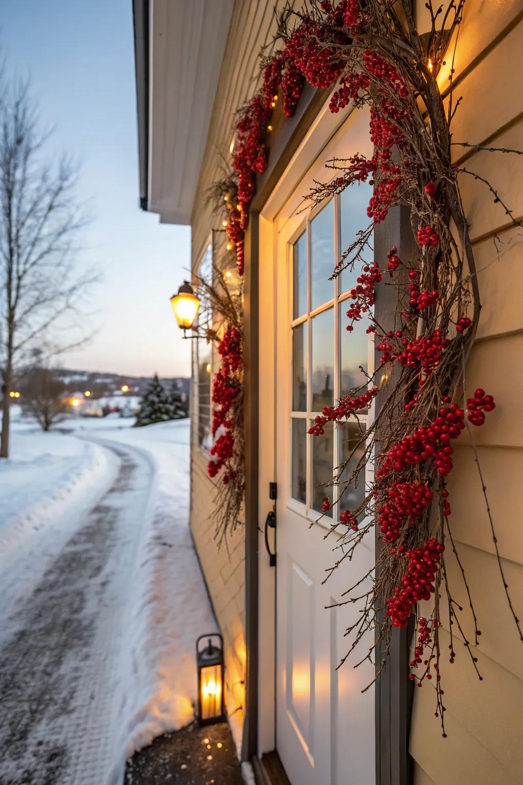 Frigid fruits cast a vibrant pop of ruby amidst verdant decorations.