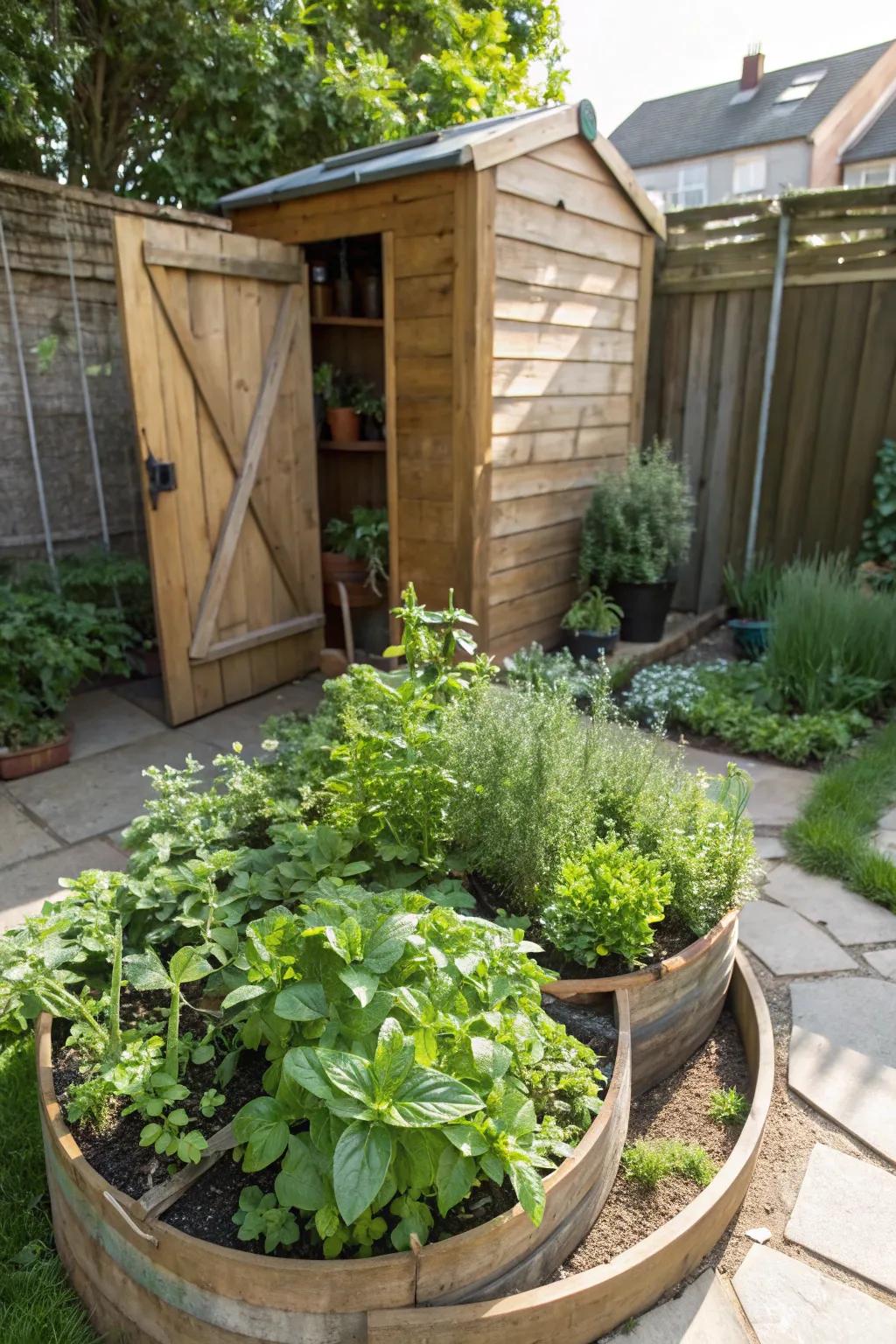 Herb whorls offer a functional and captivating addition to your shed landscape.