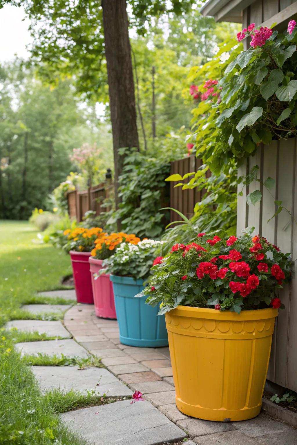 Vibrant containers add vibrant color and personality to any side yard.