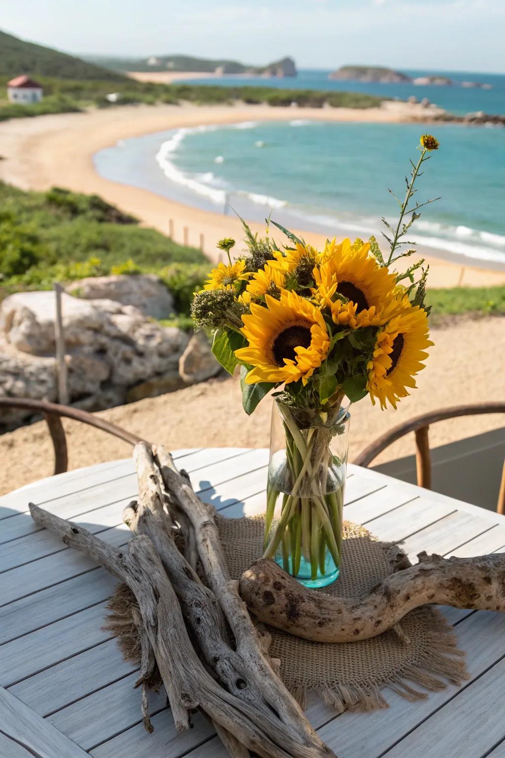 Shore wood appends a seaside hint to a sunflower centerpiece.