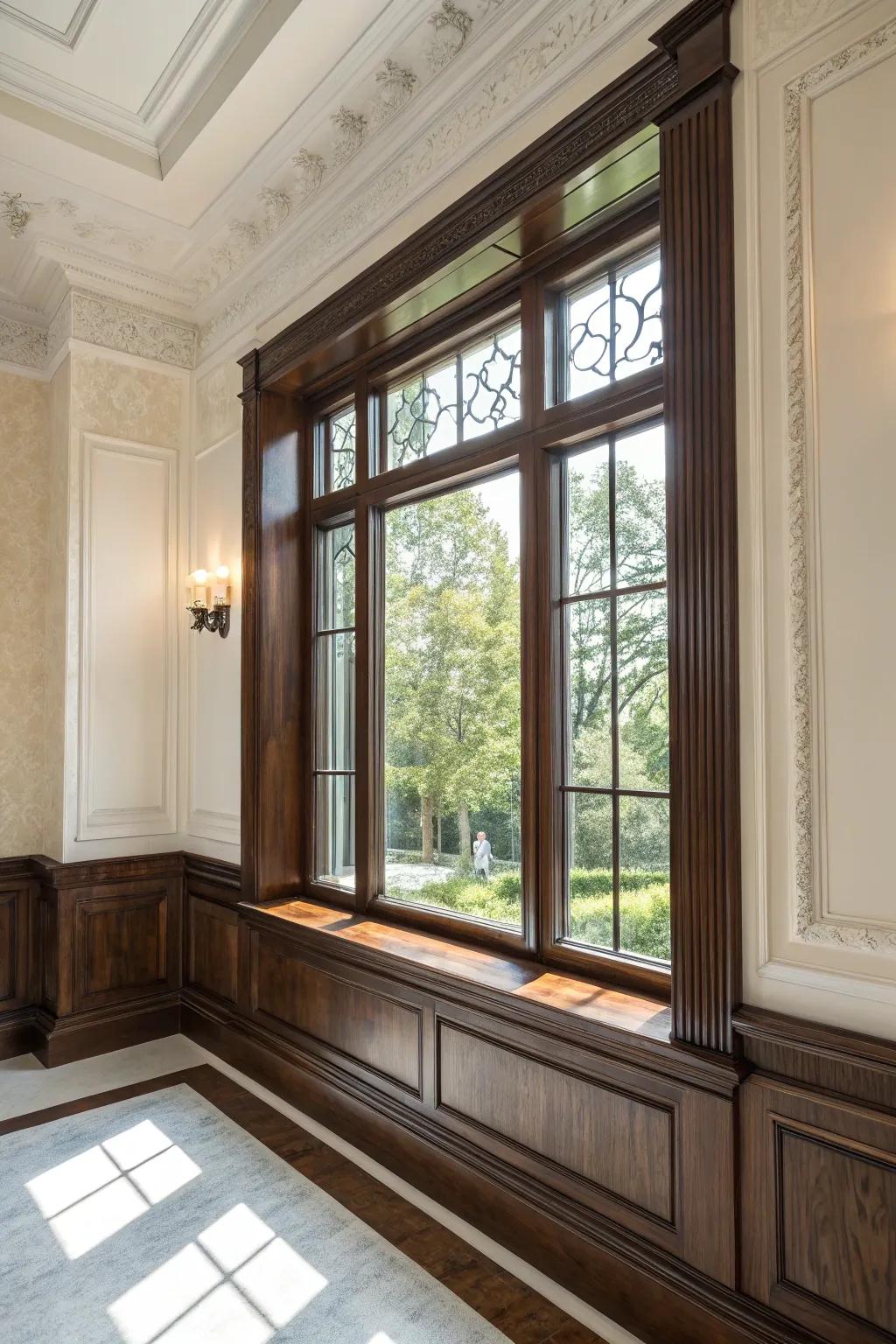 A striking contrast is produced by dark wood trims.