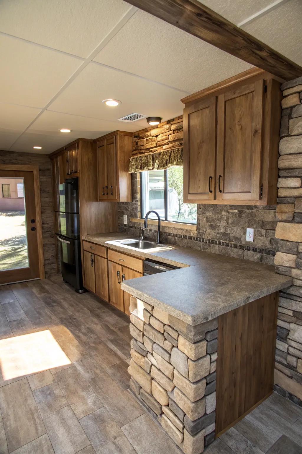 Different materials create a layered cooking space experience.