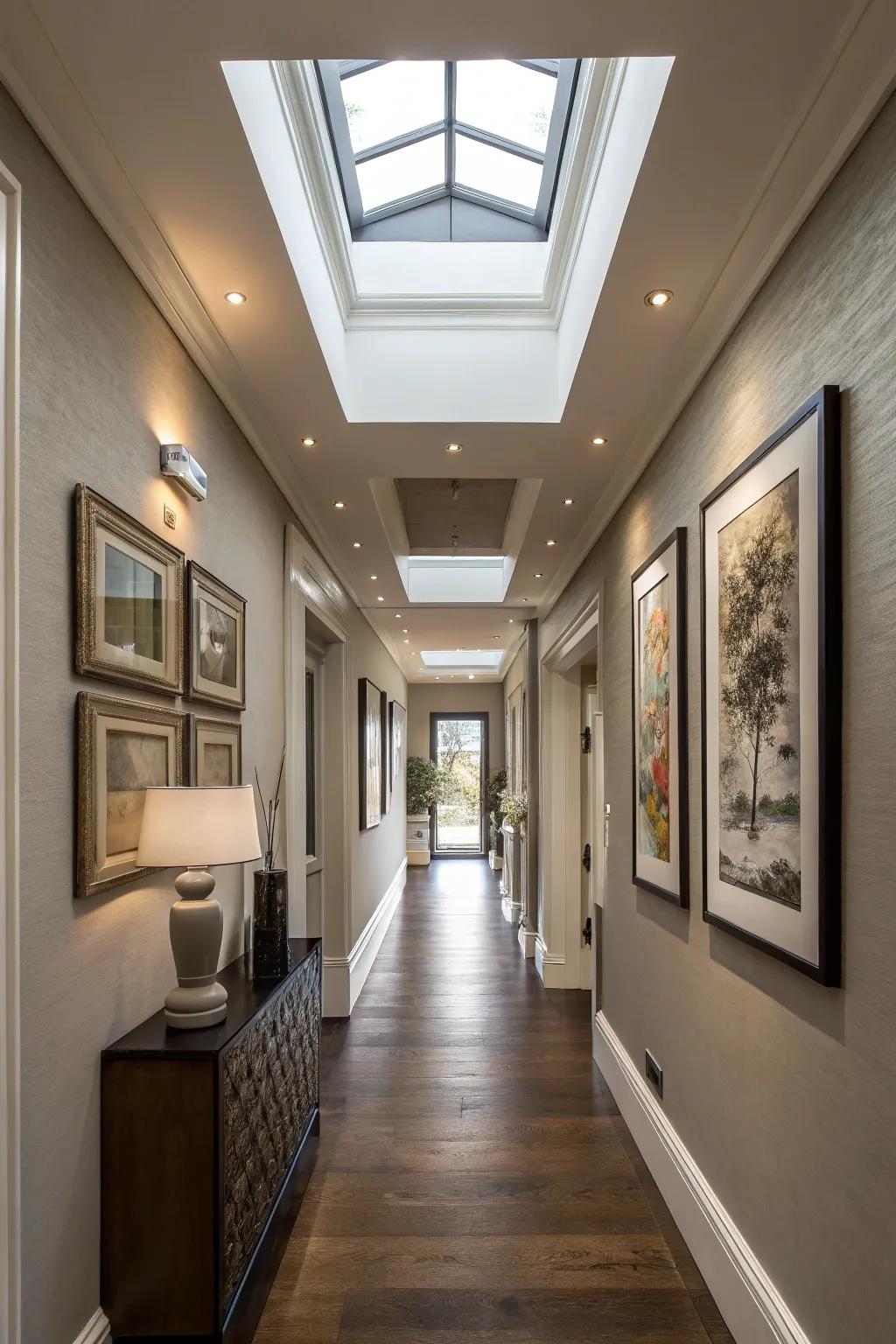 A dramatic hallway lit by a series of skylights.