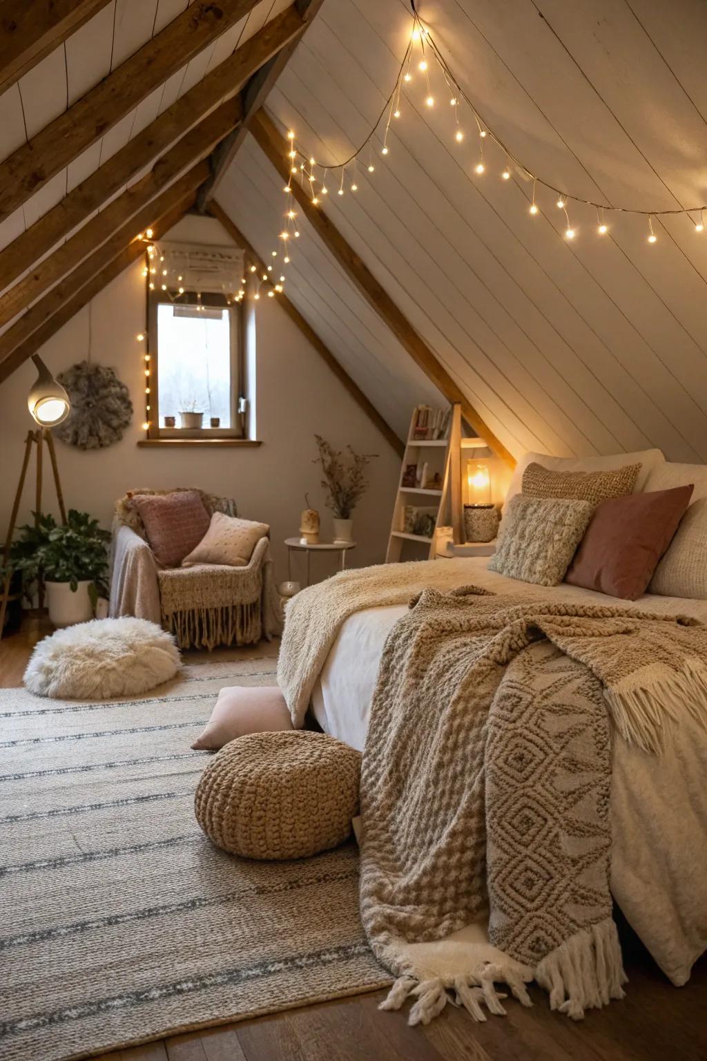 Layered lighting creates a cozy ambiance in this attic bedroom.