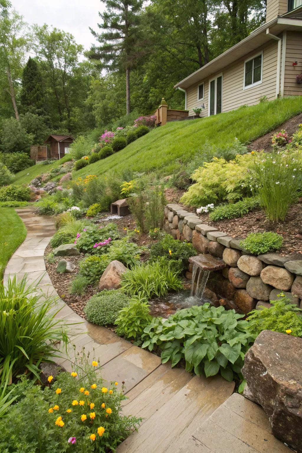 A rain garden transforms this slope into a sustainable attribute.