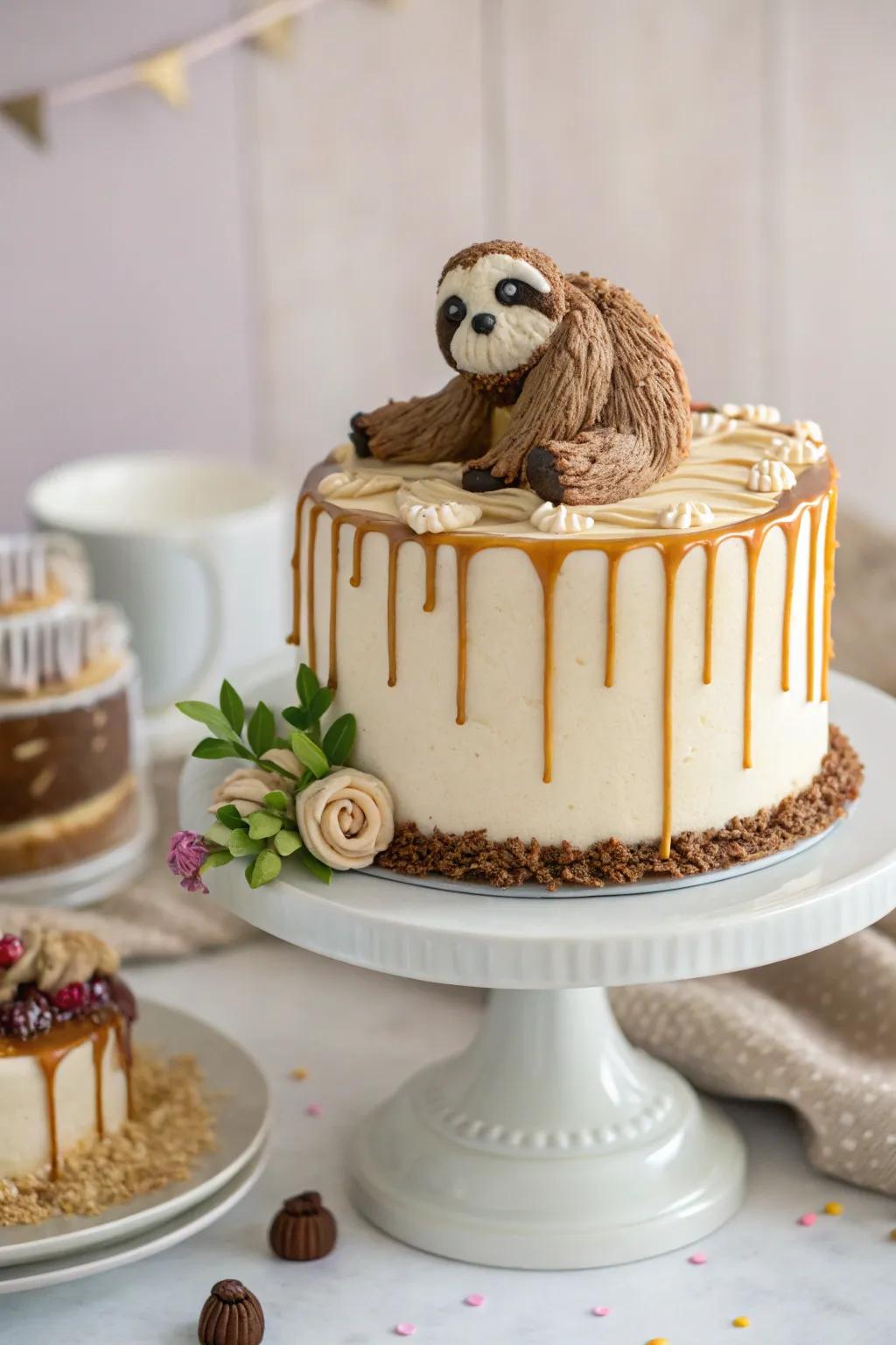 A running pattern adds a touch of elegance to the sloth cake.