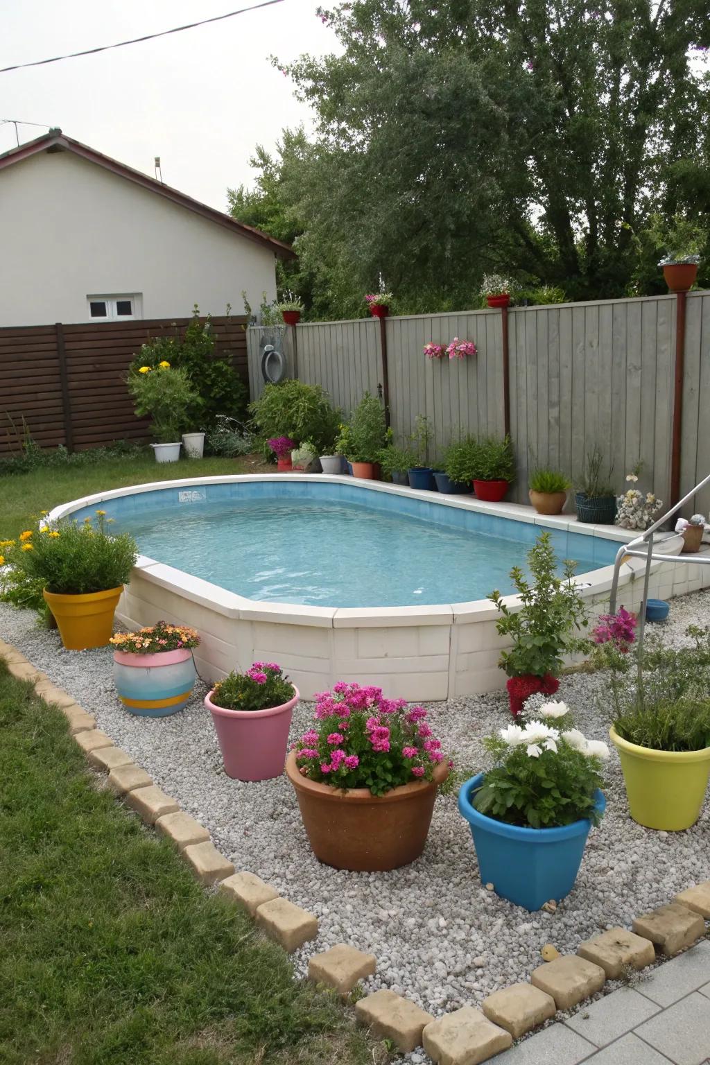 A textured fine gravel border encircling a charming pool.