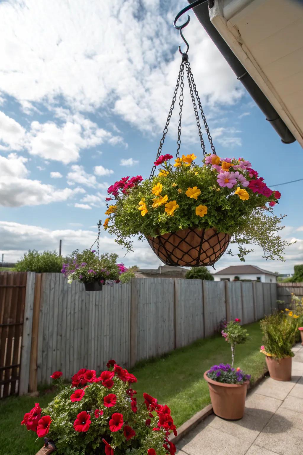 A suspended pot is a great answer for gardens, since it saves space and gives color.
