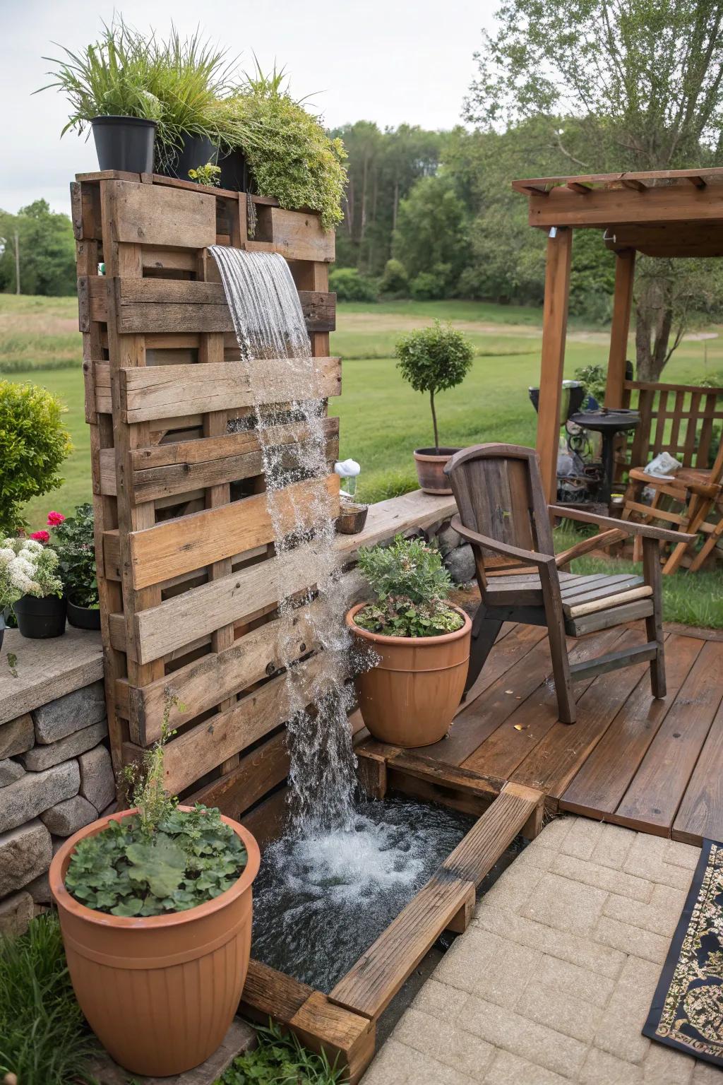 A pallet cascade introduces rustic charm and creativity.