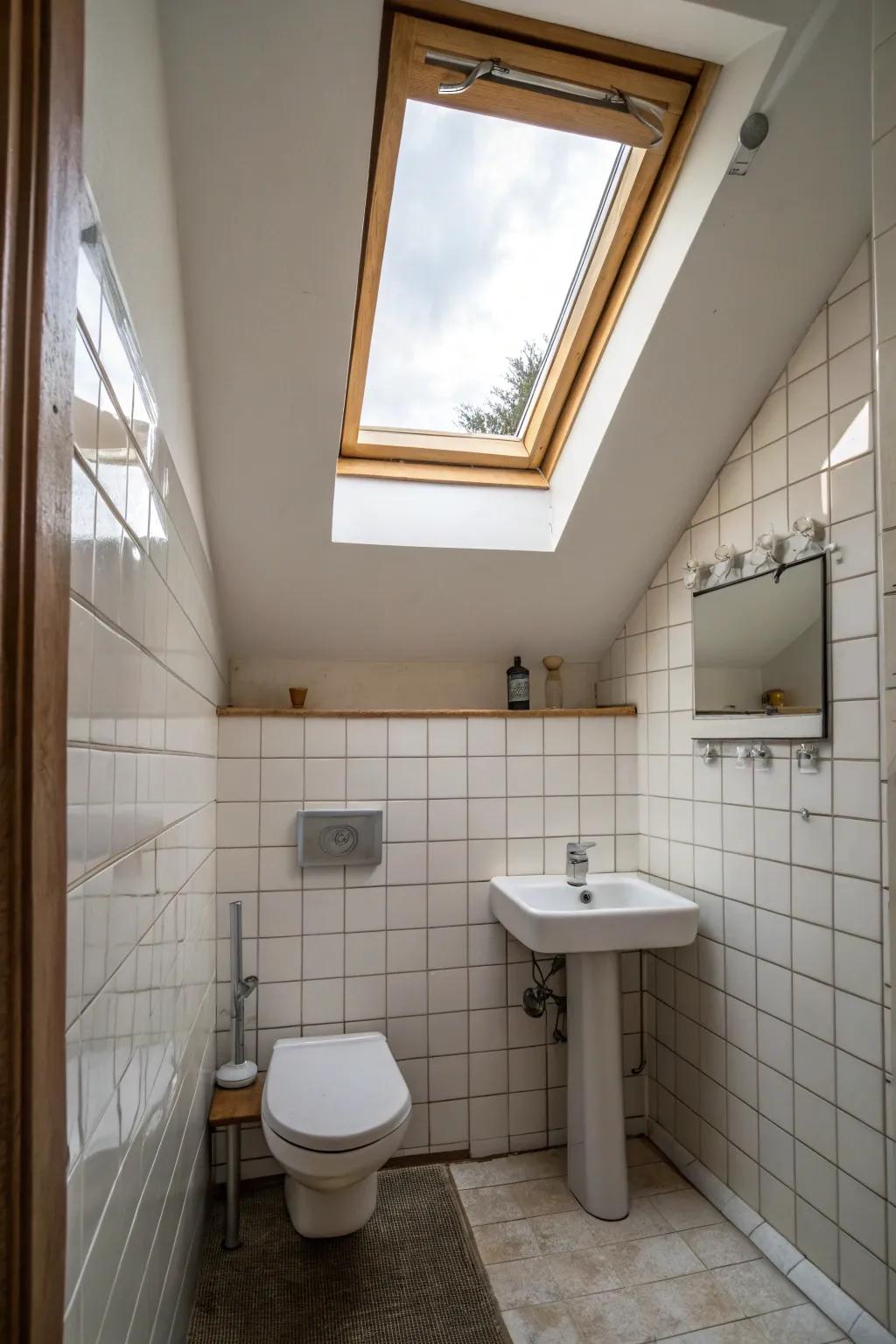 A skylight brightens and expands a small bathroom.