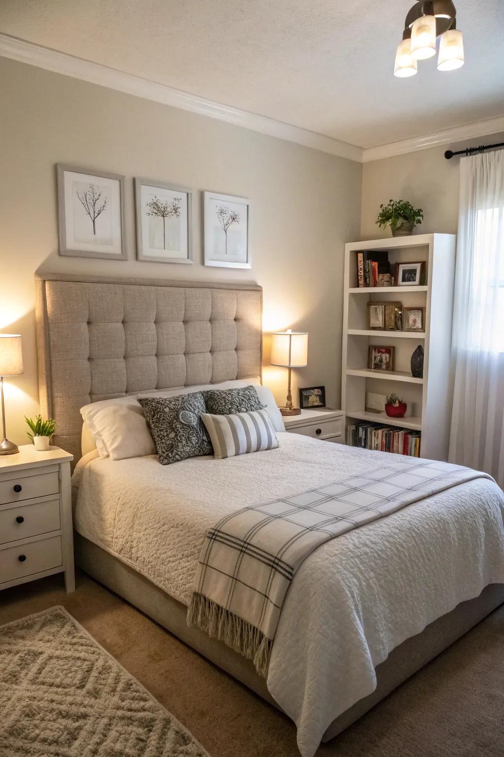 A compact bedroom with a long headboard to make it look wider.