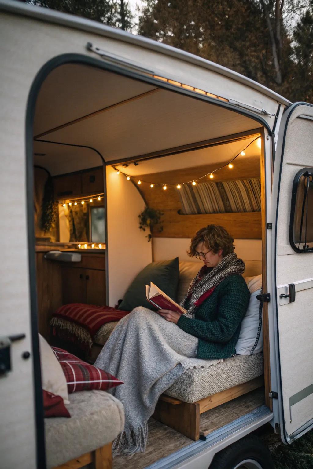 A cozy reading nook in a camper that doubles as a guest bed.