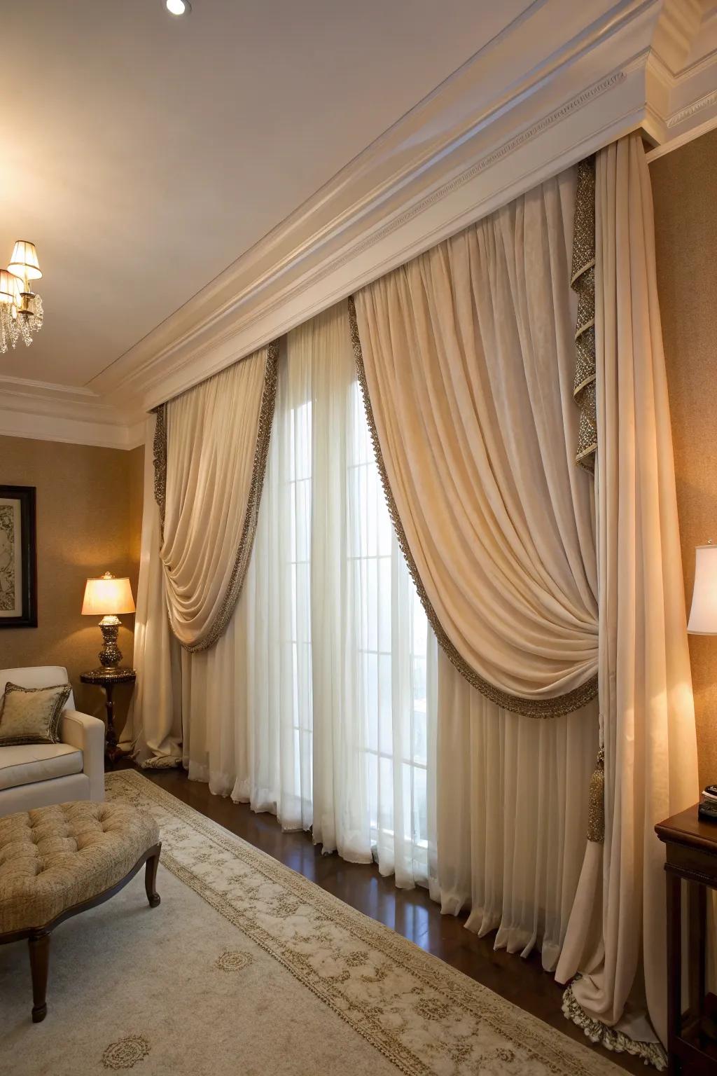 Tall curtains make the room seem taller.