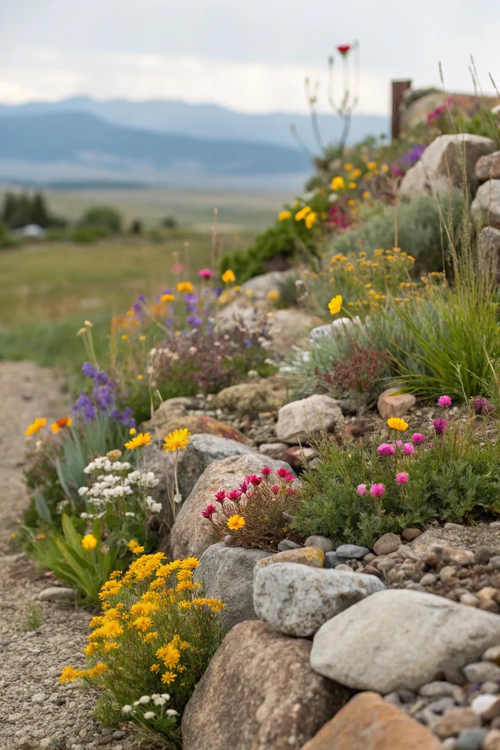 A corner stone garden is brought to life by a tiny wildflower garden.