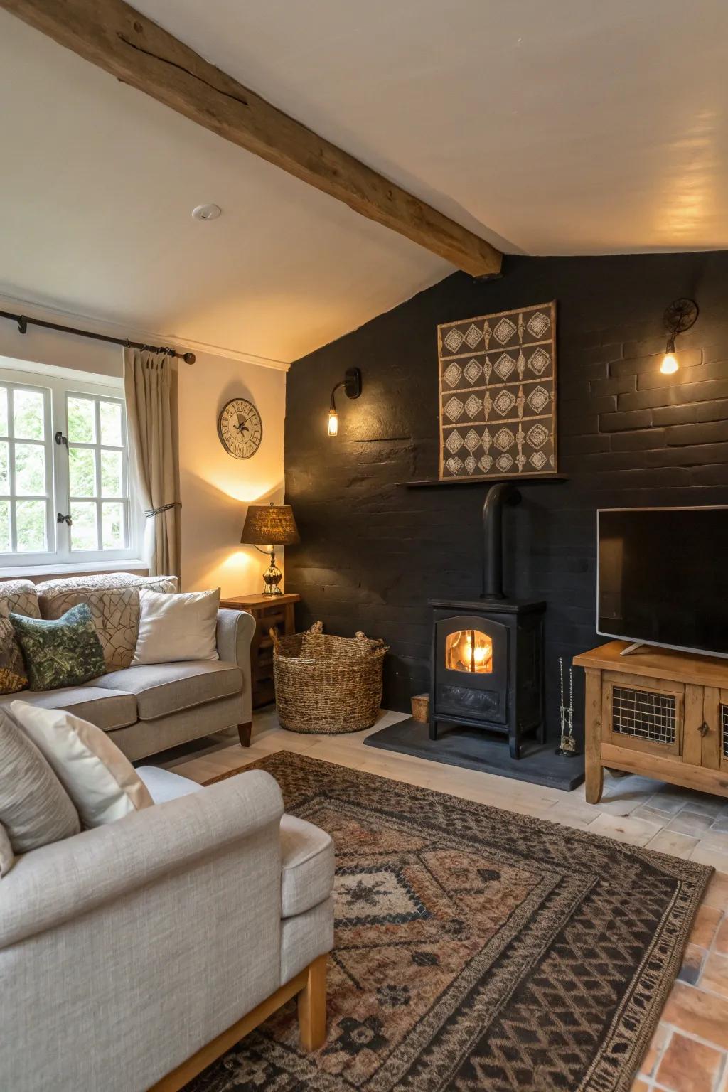 A highlighted wall injects dimension and intrigue into the heart of this living space.