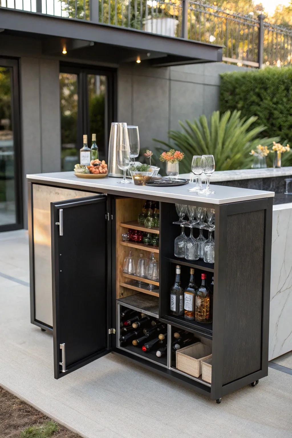 Concealed storage solutions for an uncluttered dry bar.