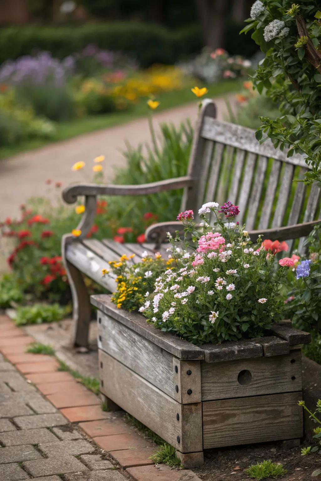 A cozy compact flower garden invitingly arranged around a rustic bench.