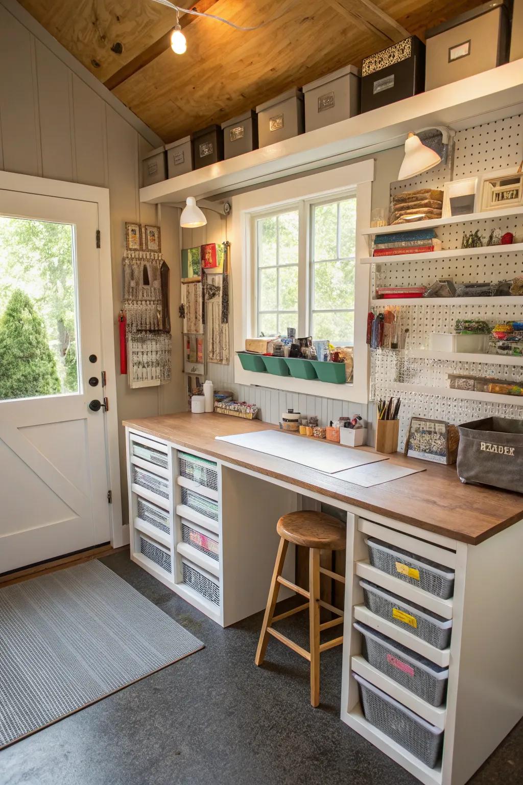 A small garage transformed into a creative crafting corner.